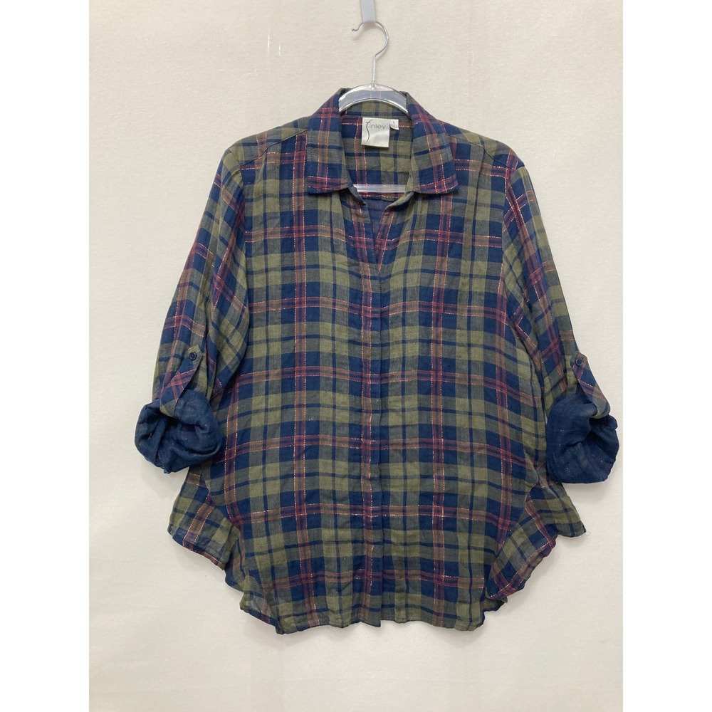 Finley Plaid Button Up Shirt Large Green Purple Metallic Cotton Ruffle Artsy